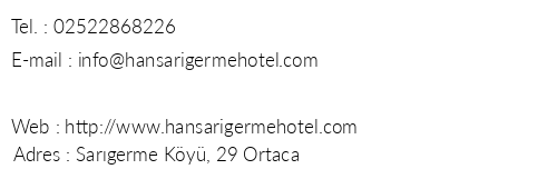 Han Sargerme Hotel telefon numaralar, faks, e-mail, posta adresi ve iletiim bilgileri
